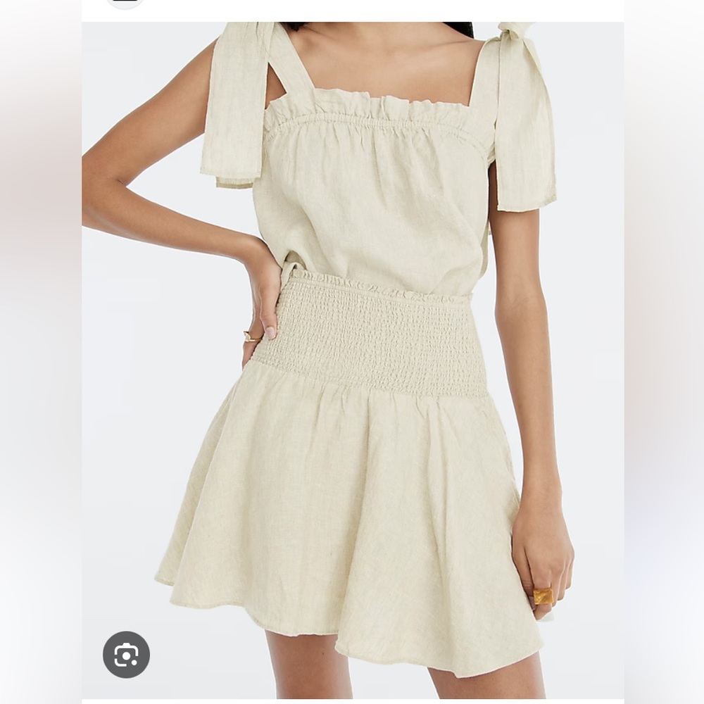 J crew tie shoulder linen tank top and smocked waist linen skirt